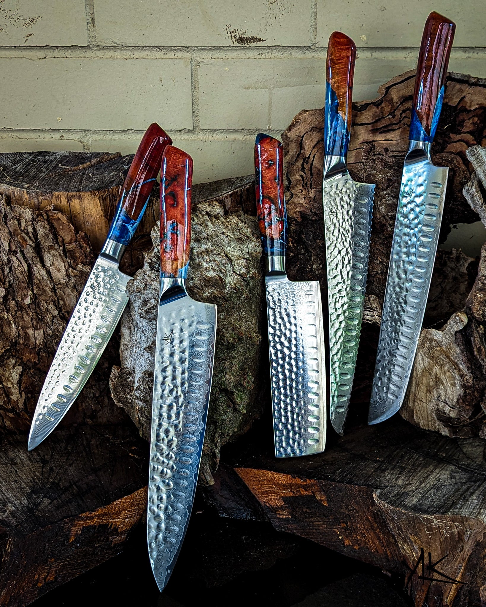 Hand Forged Damascus Steel Chef's Knife Set of 5 Kitchen Gif