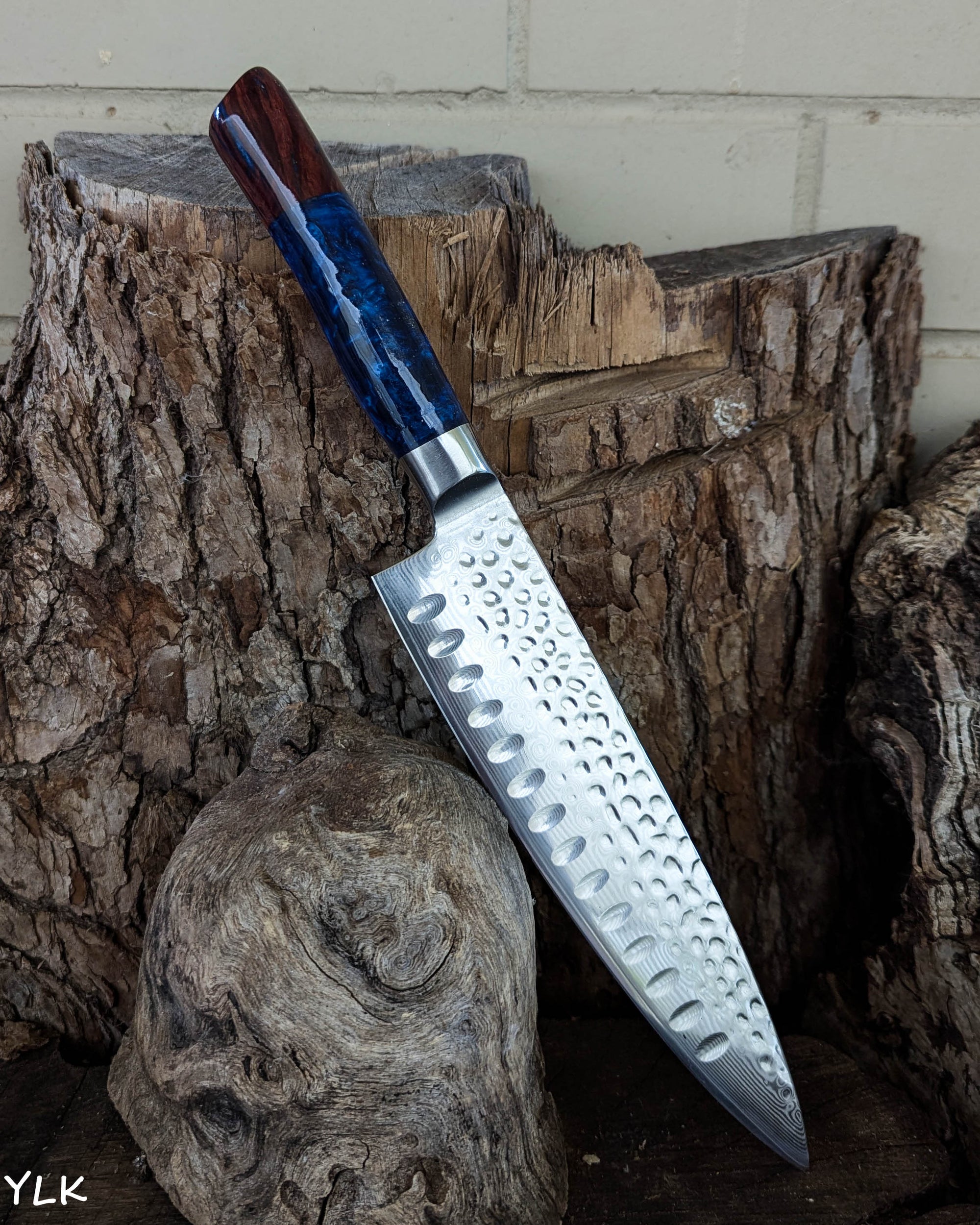 Chef's Knife Red Mallee Burl w/ Azure Blue Epoxy 200mm (8")