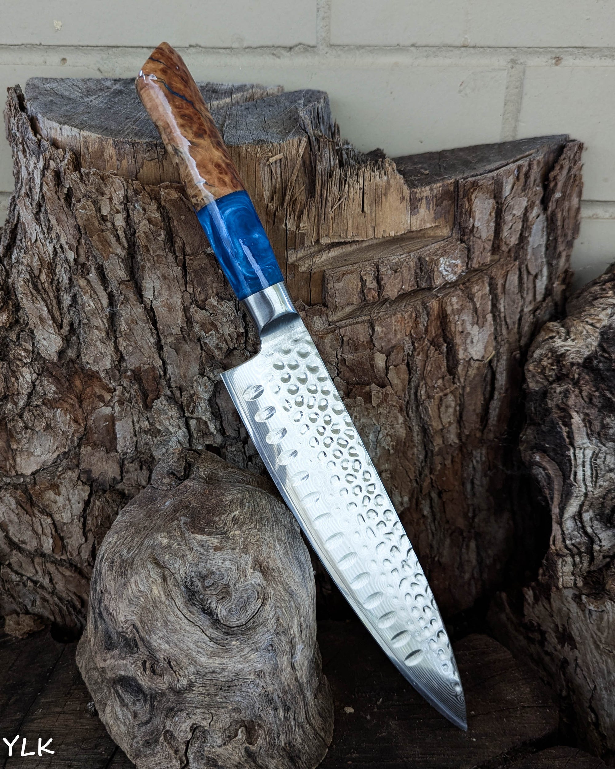 Chef's Knife Red Mallee Burl w/ Sky Blue Epoxy 200mm (8")