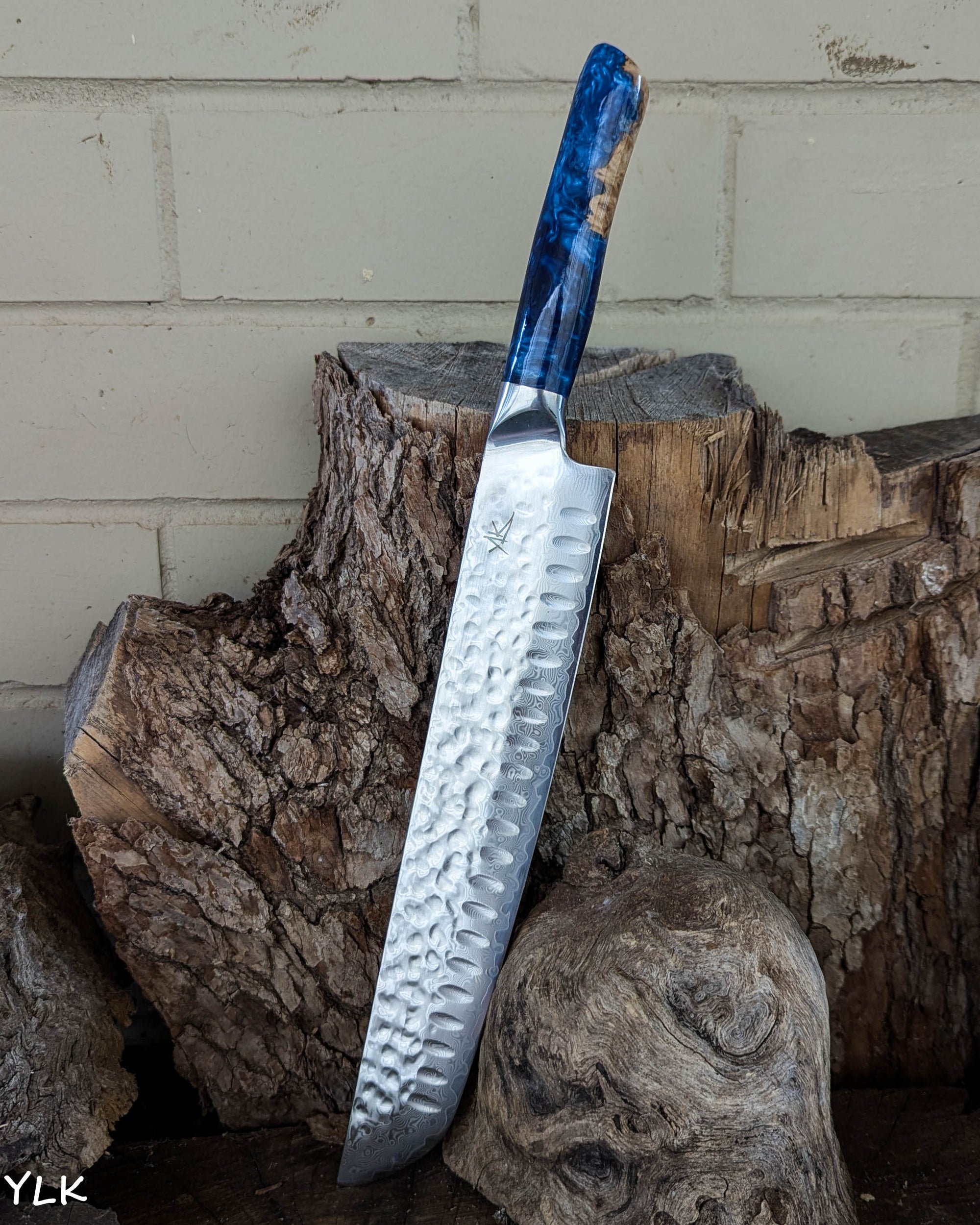 Brisket Knife Red Mallee Burl w/ Azure & Sky Blue Epoxy 260mm (10.5")