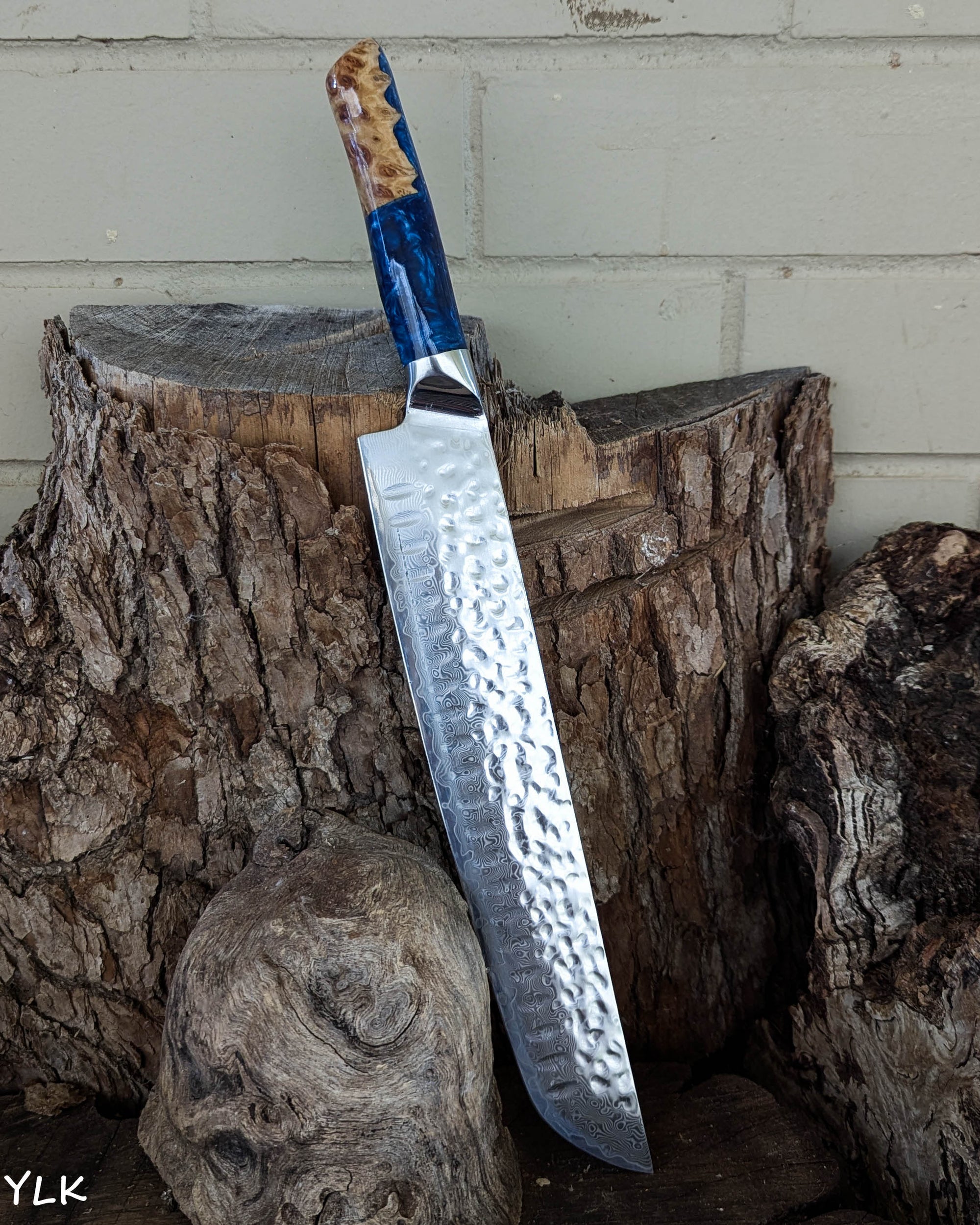 Brisket Knife Red Mallee Burl w/ Azure & Sky Blue Epoxy 260mm (10.5")