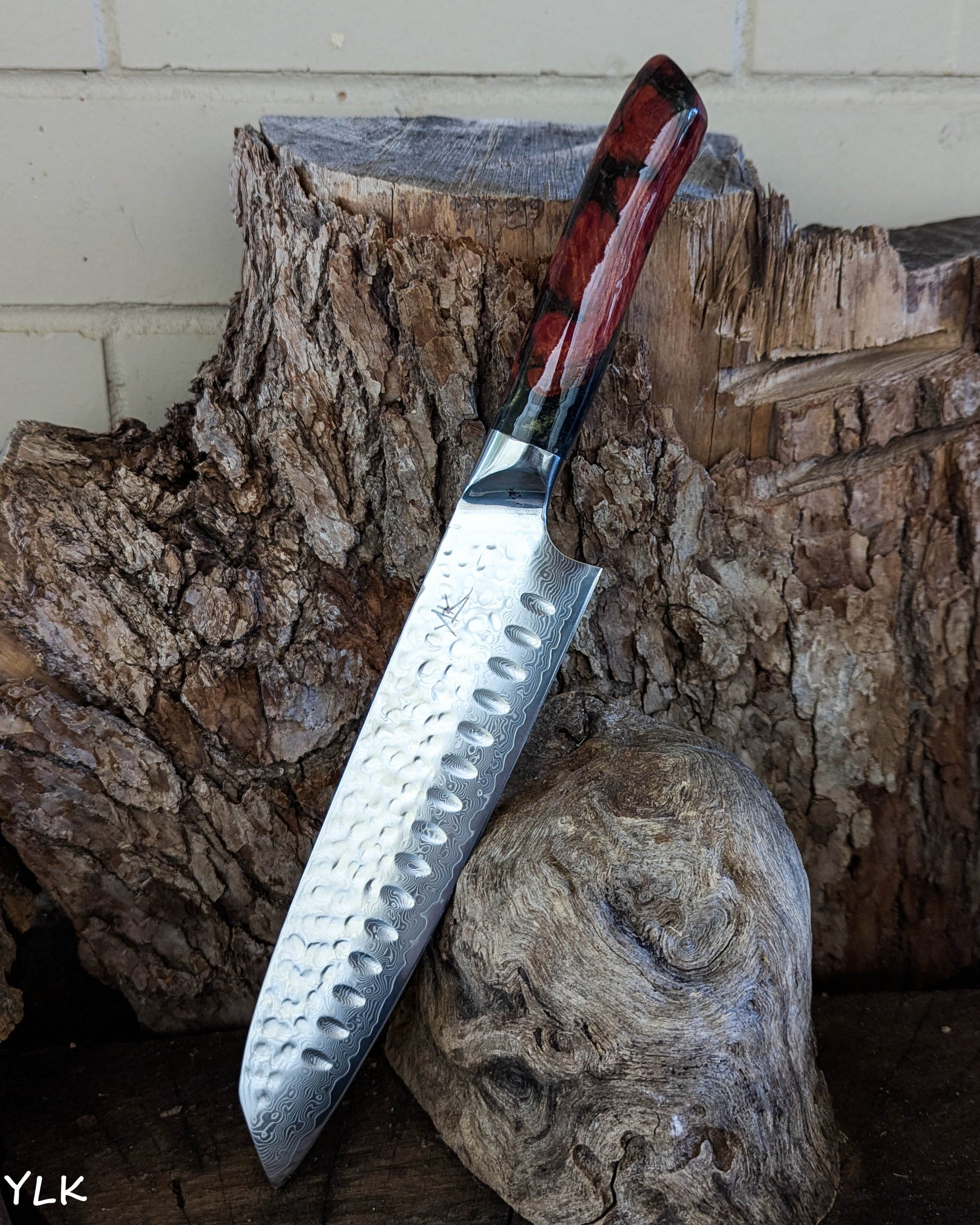 Santoku Knife Red Gum Burl w/ Olive Green Epoxy 185mm (7.5")