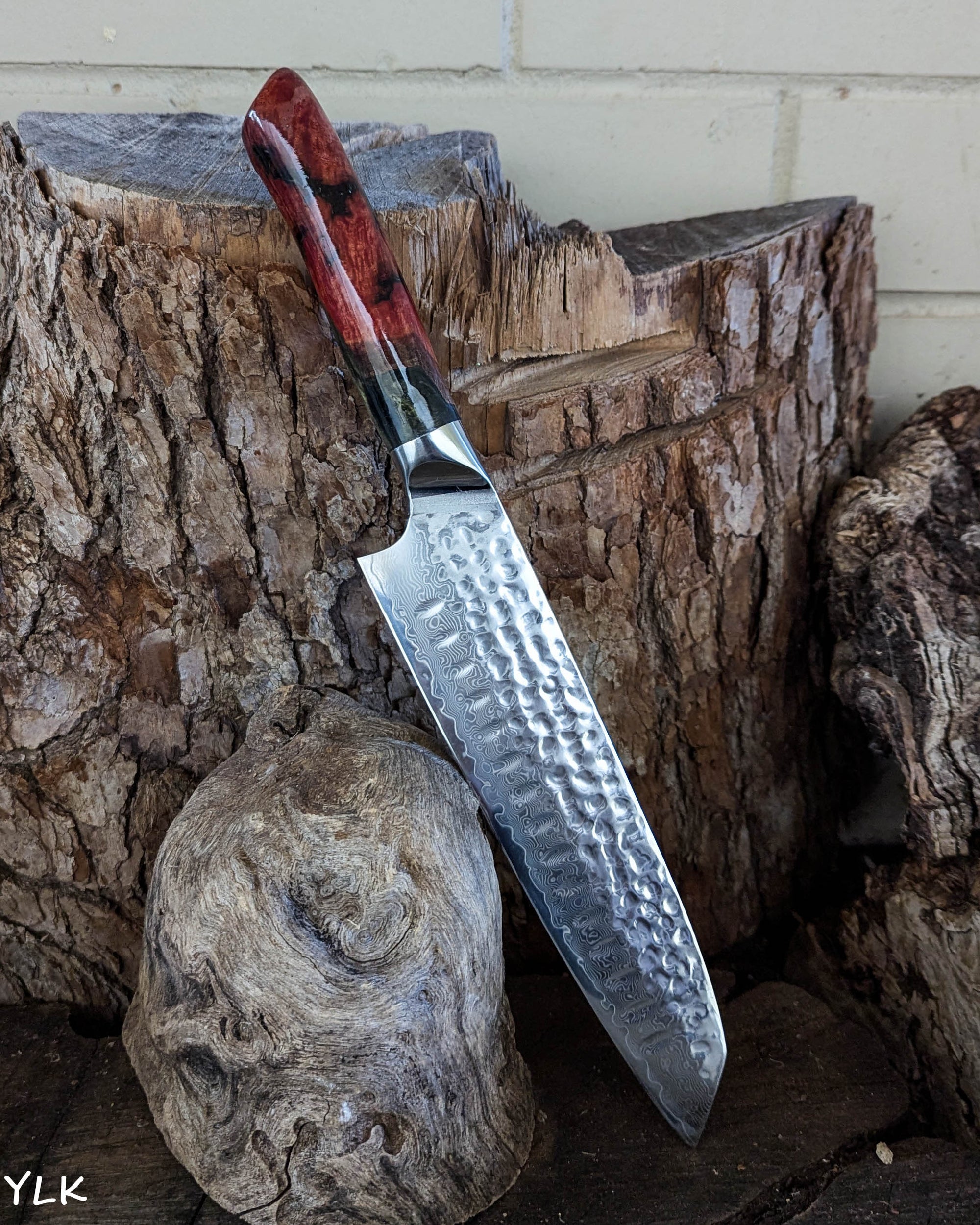 Santoku Knife Red Gum Burl w/ Olive Green Epoxy 185mm (7.5")