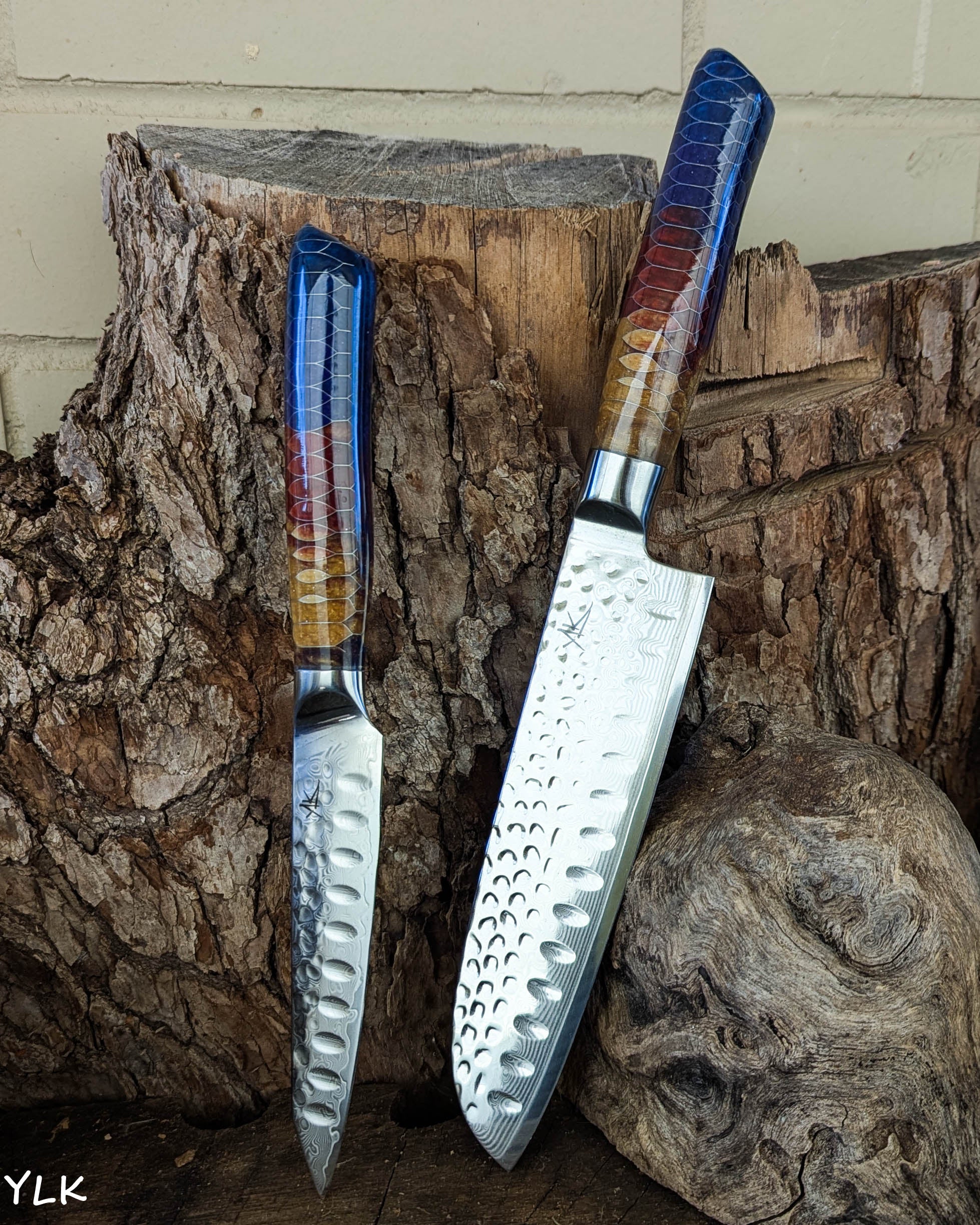 2 Knife Set - Santoku & Utility - Honeycomb Aluminium w/ Fire Epoxy