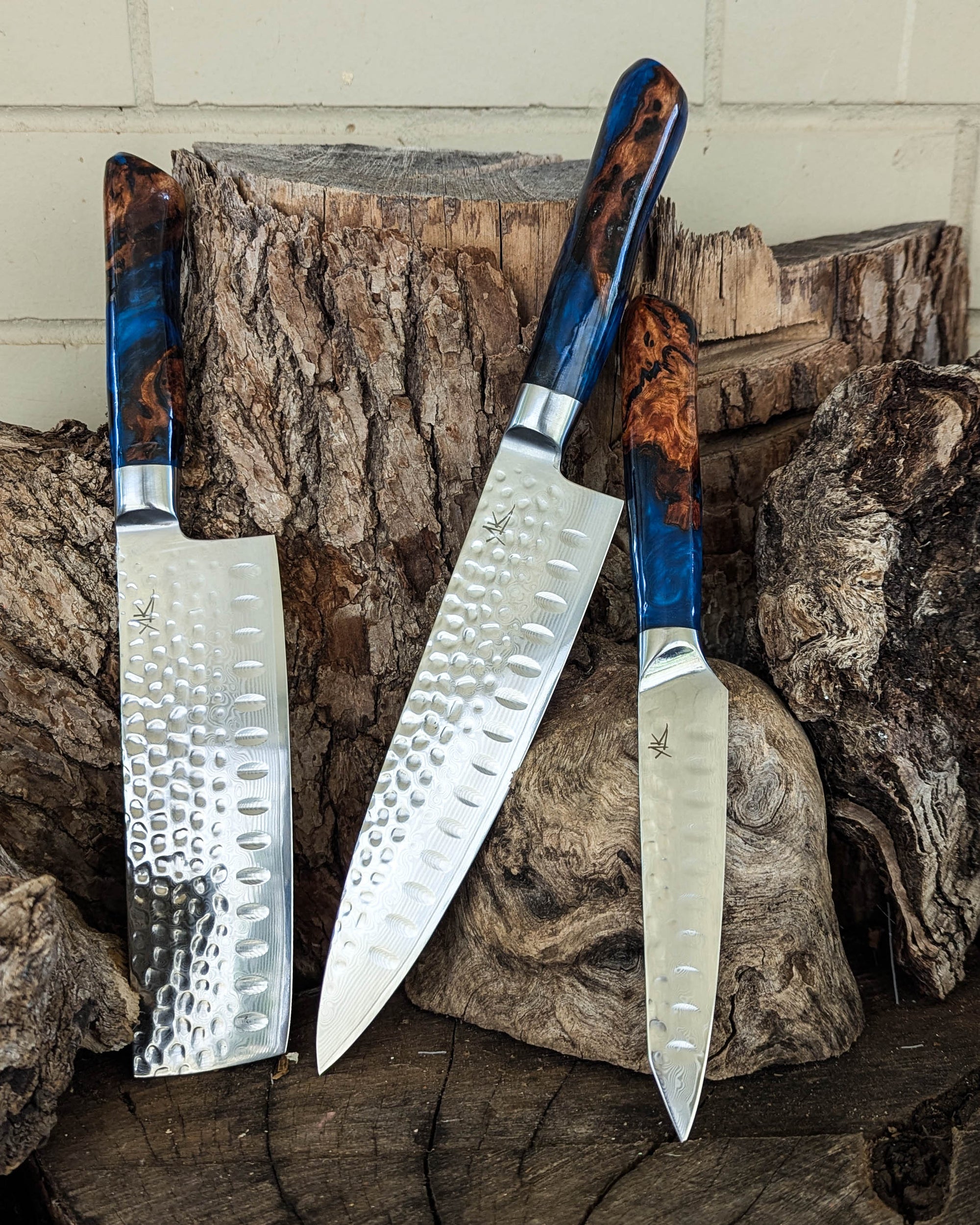 3 Knife Set - Utility, Chef & Nakiri - Stringybark w/ Black & Blue Epoxy