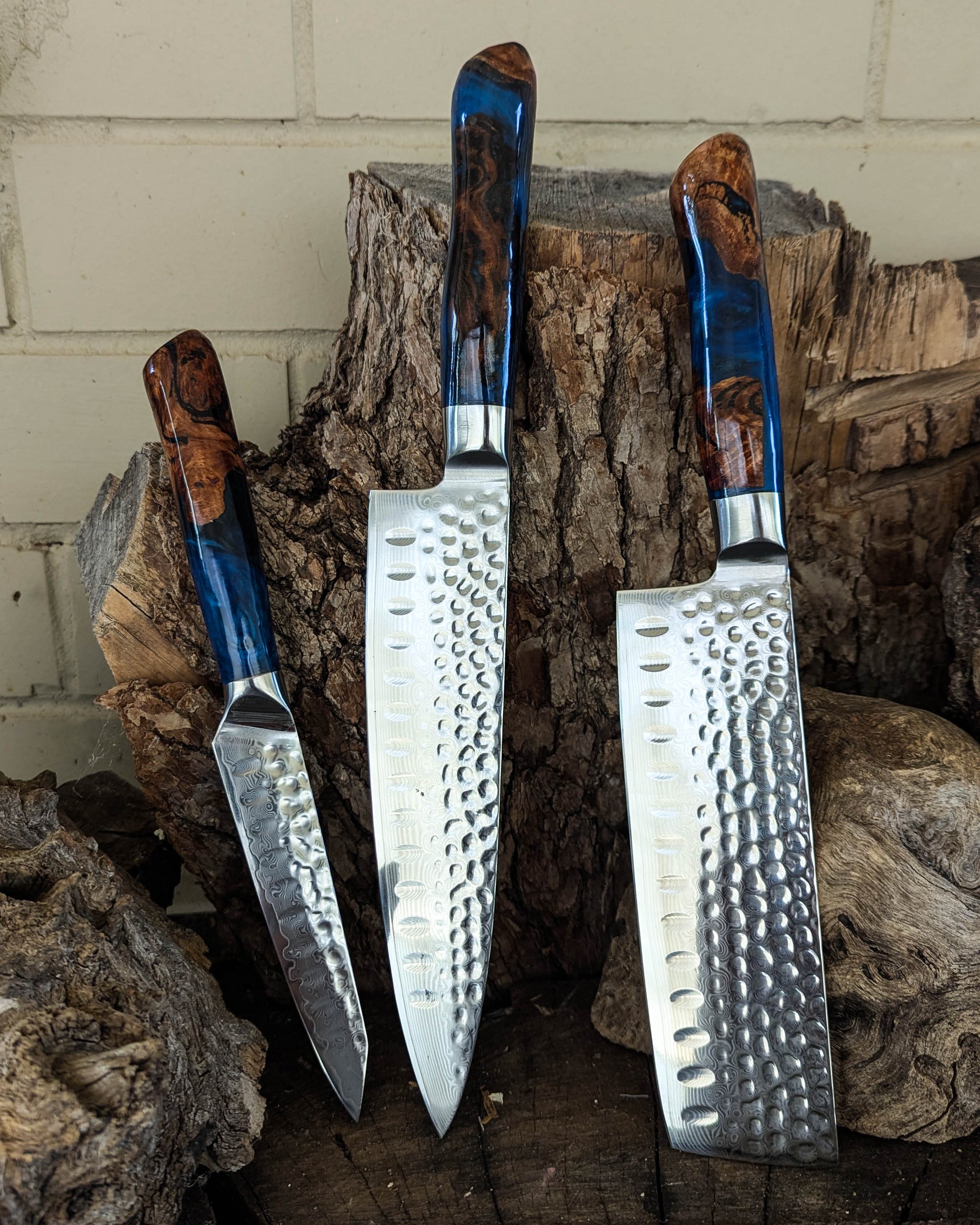 3 Knife Set - Utility, Chef & Nakiri - Stringybark w/ Black & Blue Epoxy