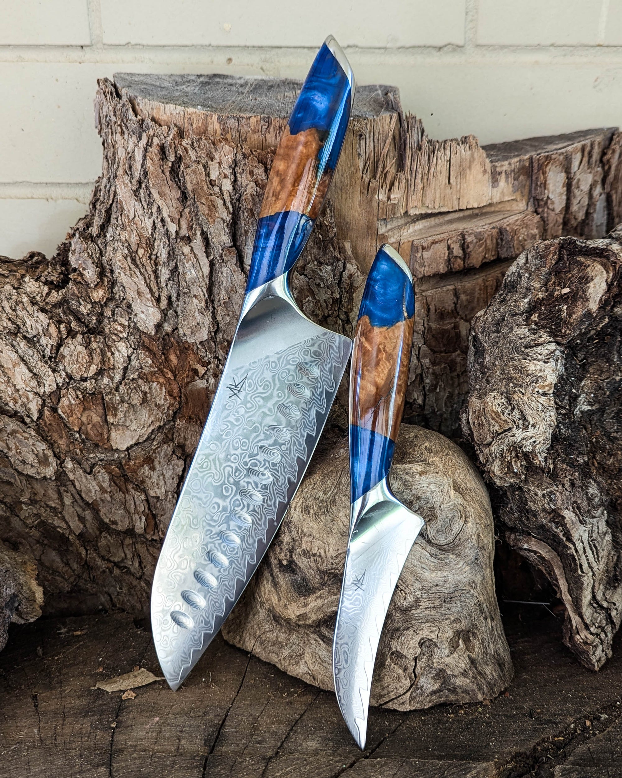 Premium Powdered Steel Santoku & Bird's Beak Mystery Burl w/ Blue Epoxy