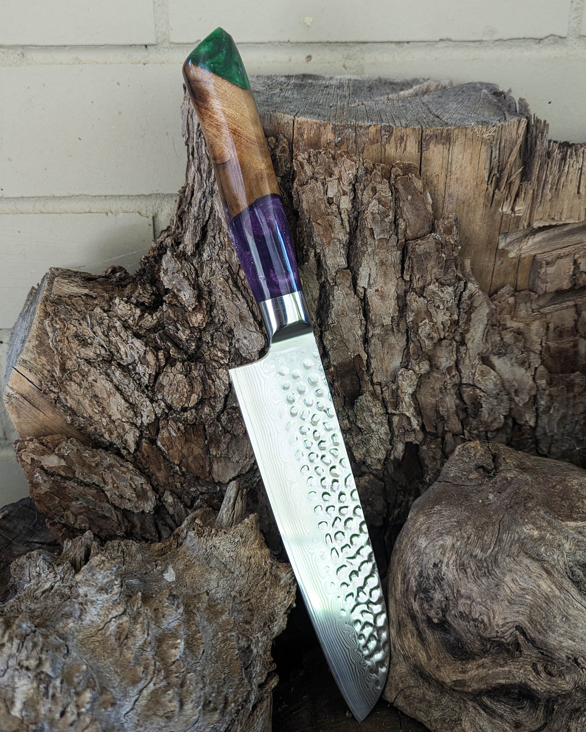 Santoku Knife Camphor Laurel w/ Purple & Green Epoxy 185mm (7.5")
