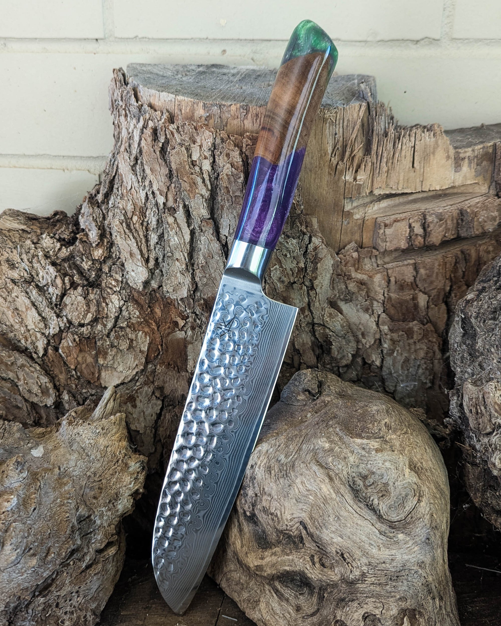 Santoku Knife Camphor Laurel w/ Purple & Green Epoxy 185mm (7.5")