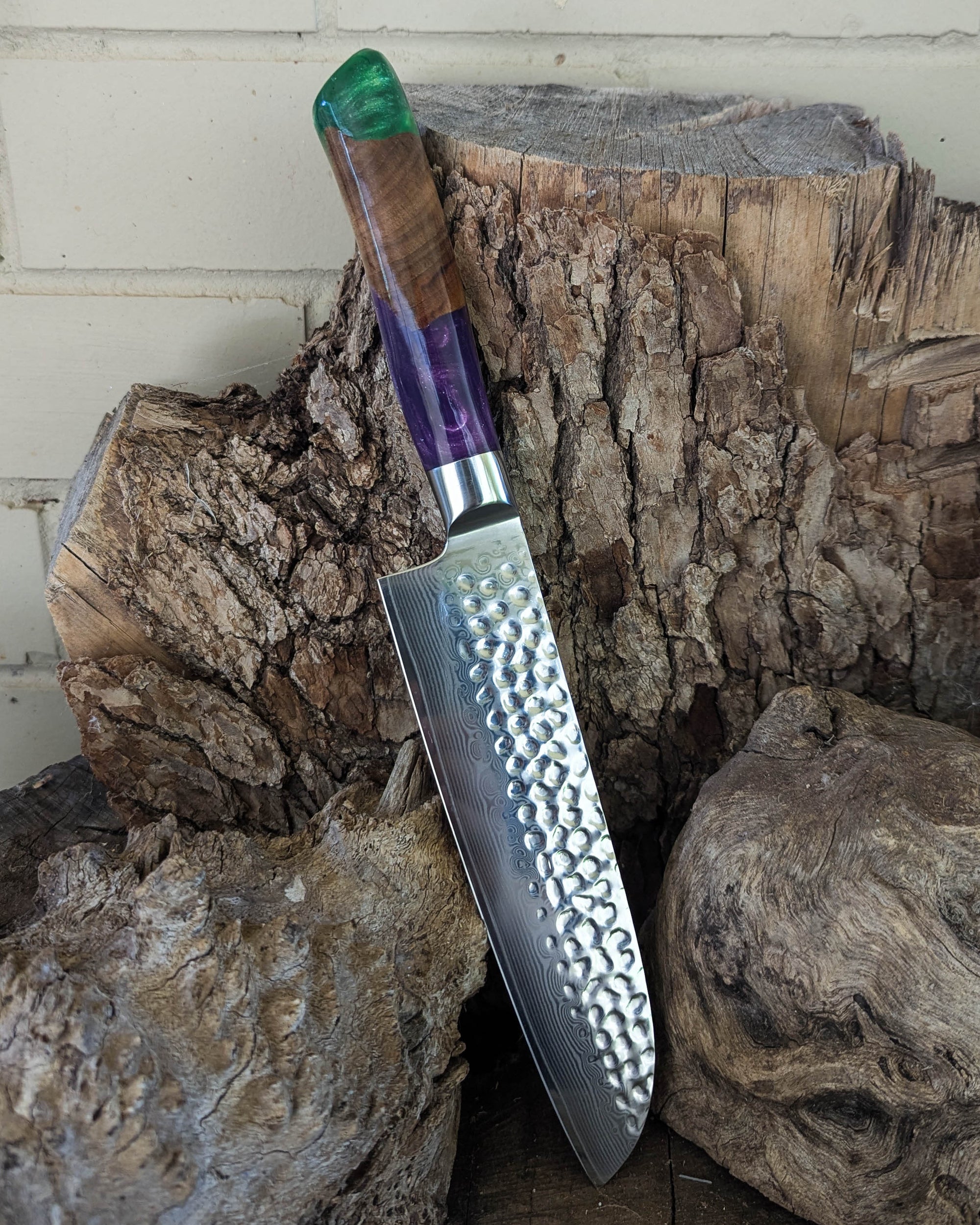 Santoku Knife Camphor Laurel w/ Purple & Green Epoxy 185mm (7.5")