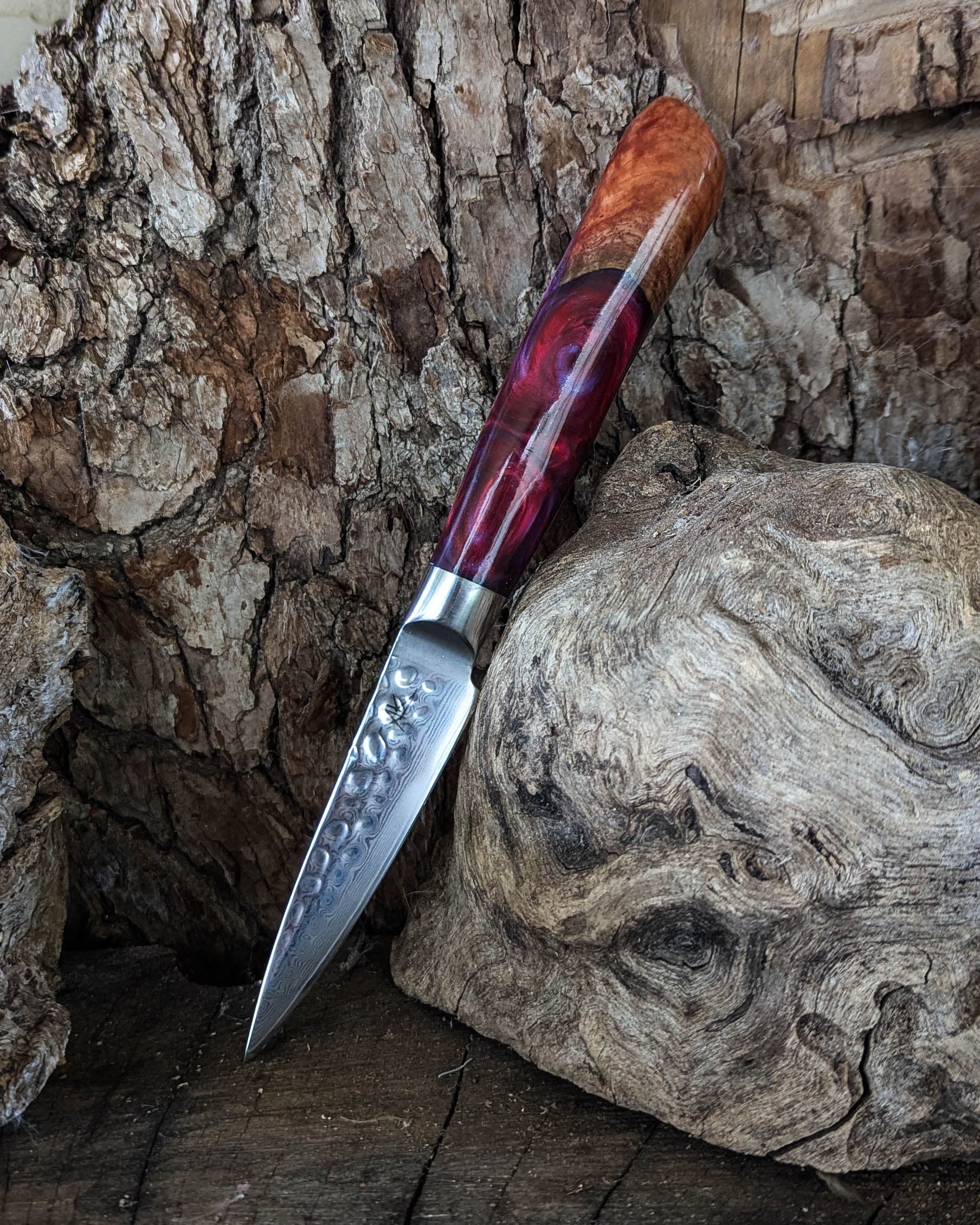 Paring Knife Red Gum Burl w/ Purple & Red Epoxy 88mm (3.5")