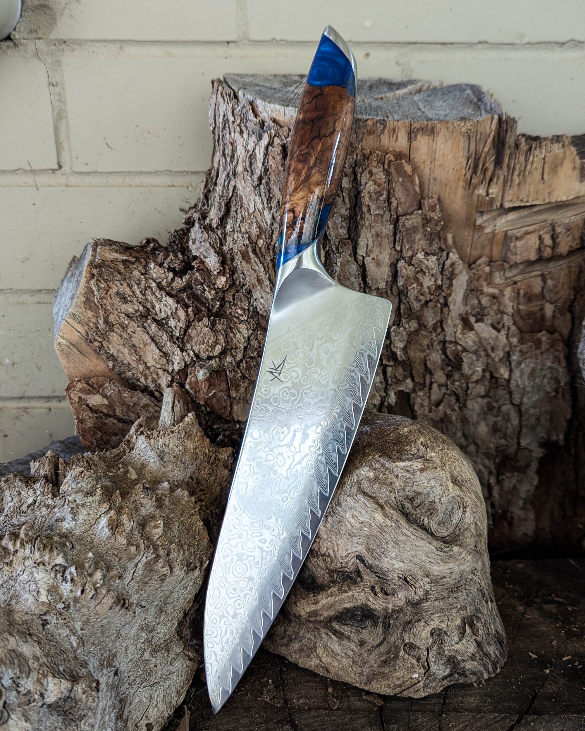 Premium Powdered Steel Chef's Mystery Burl w/ Blue & Aqua Epoxy 210mm (8.5")