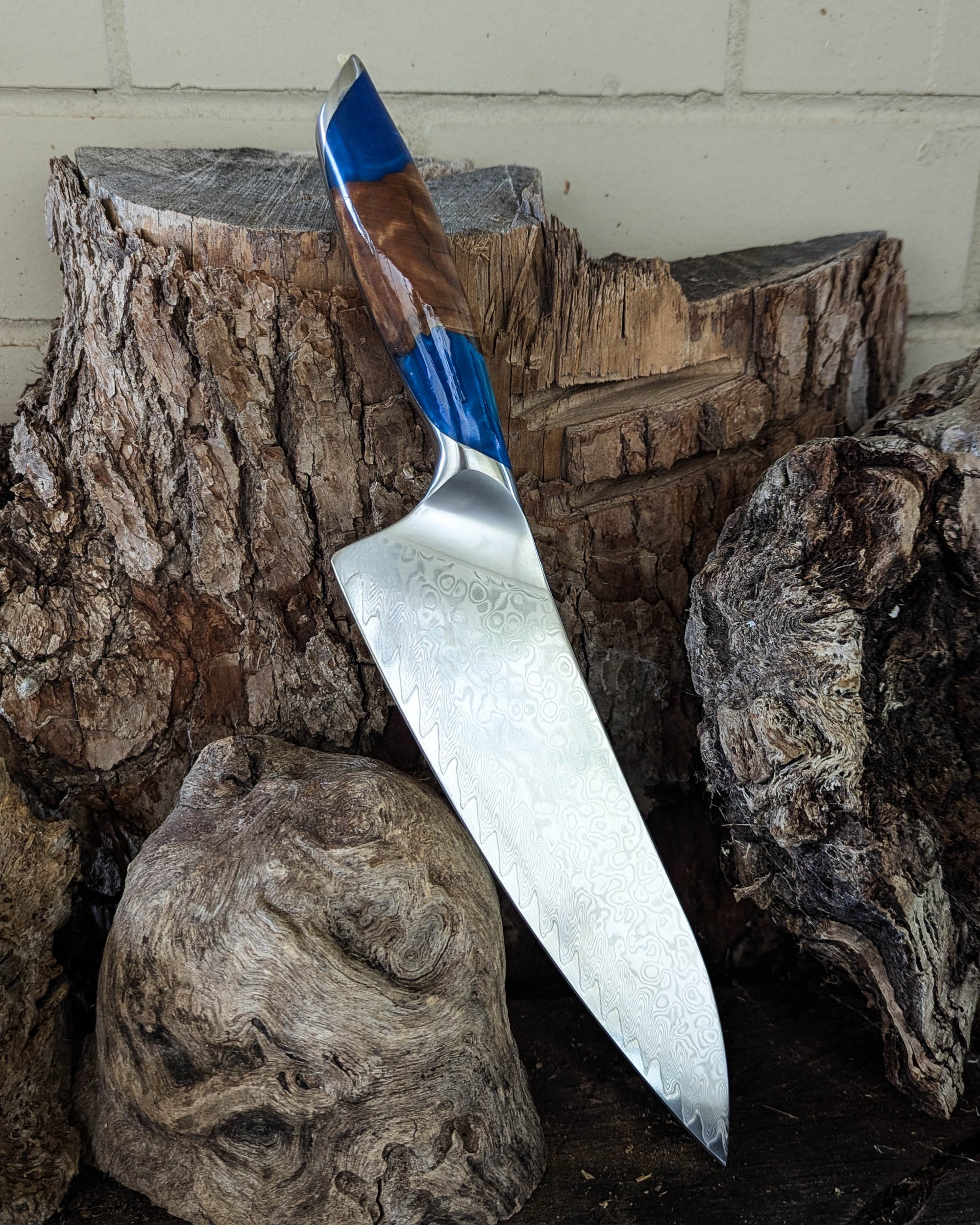 Premium Powdered Steel Chef's Mystery Burl w/ Blue & Aqua Epoxy 210mm (8.5")