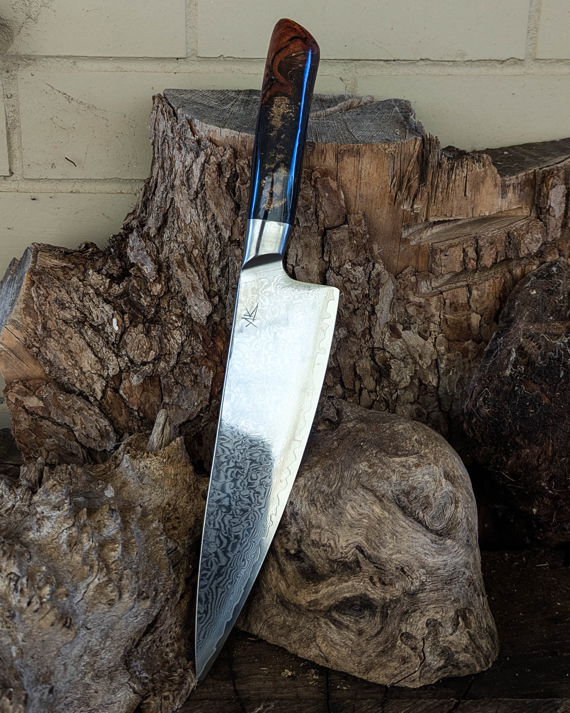 Premium Powdered Steel Chef's Stringybark Burl w/ Multi Colour Epoxy 210mm (8.5")