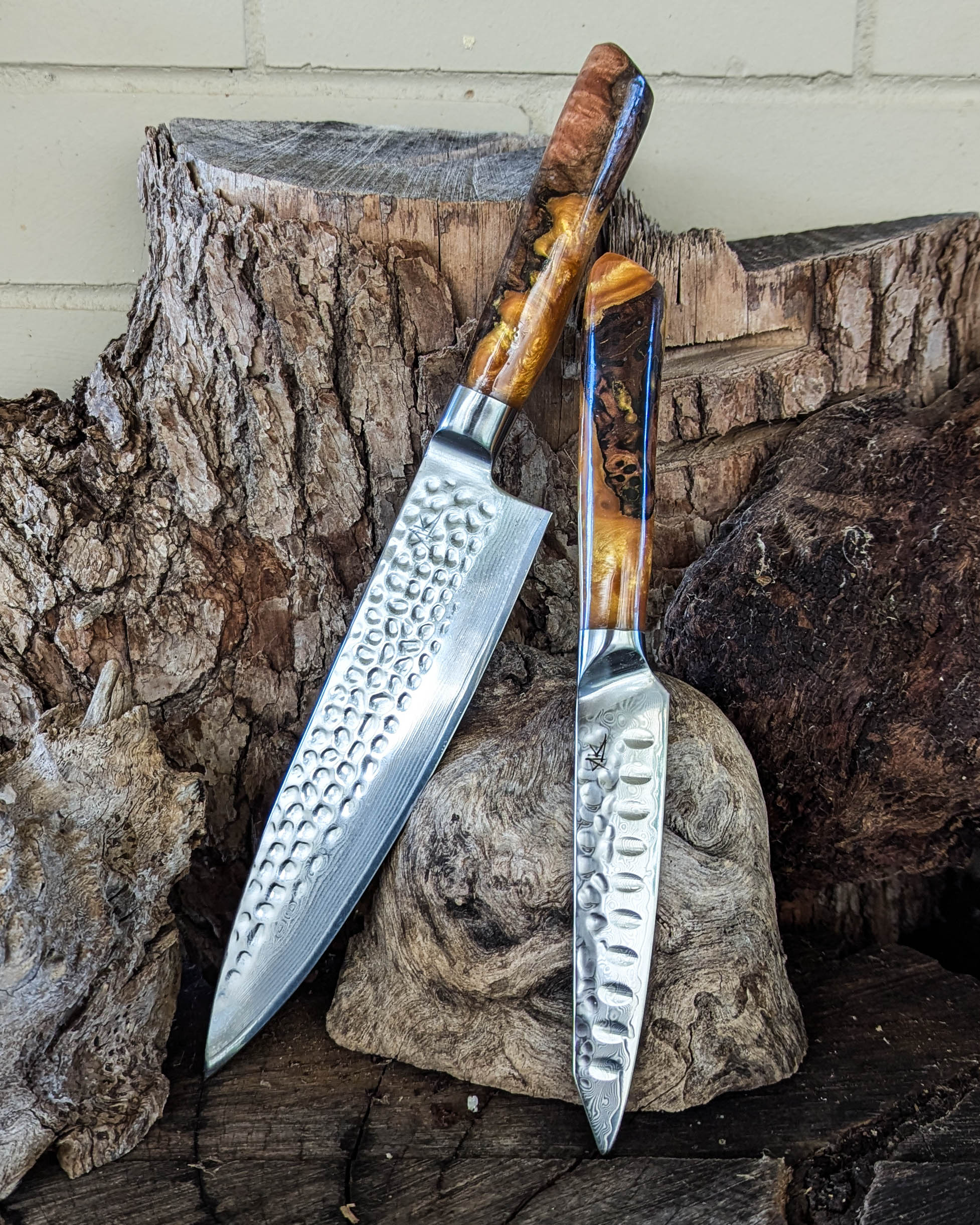 2 Knife Set - Chef & Utility - Brown Mallee Burl w/ Gold Epoxy