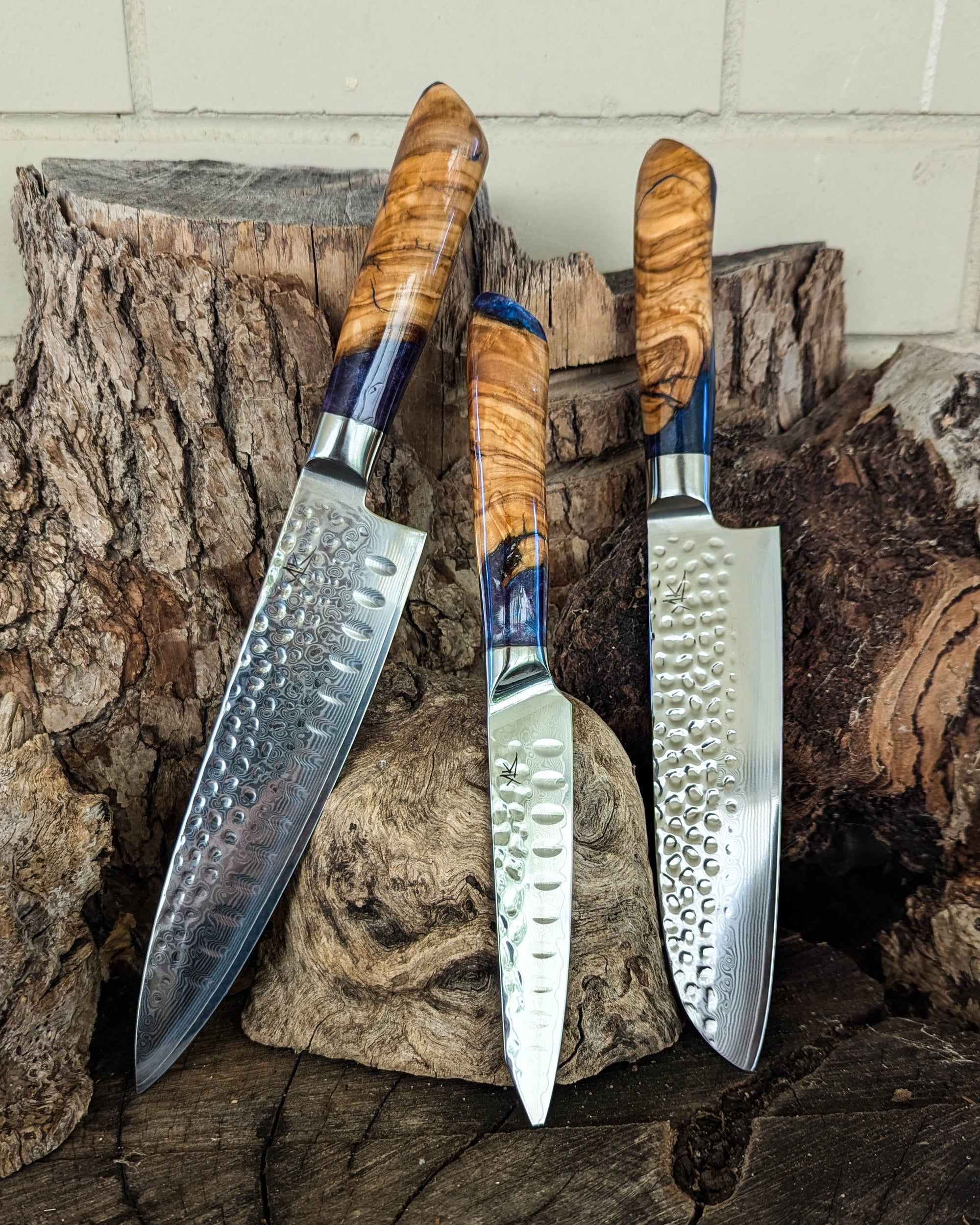 3 Knife Set -Chef. Santoku & Utility - Olive w/ Blue & Purple Epoxy