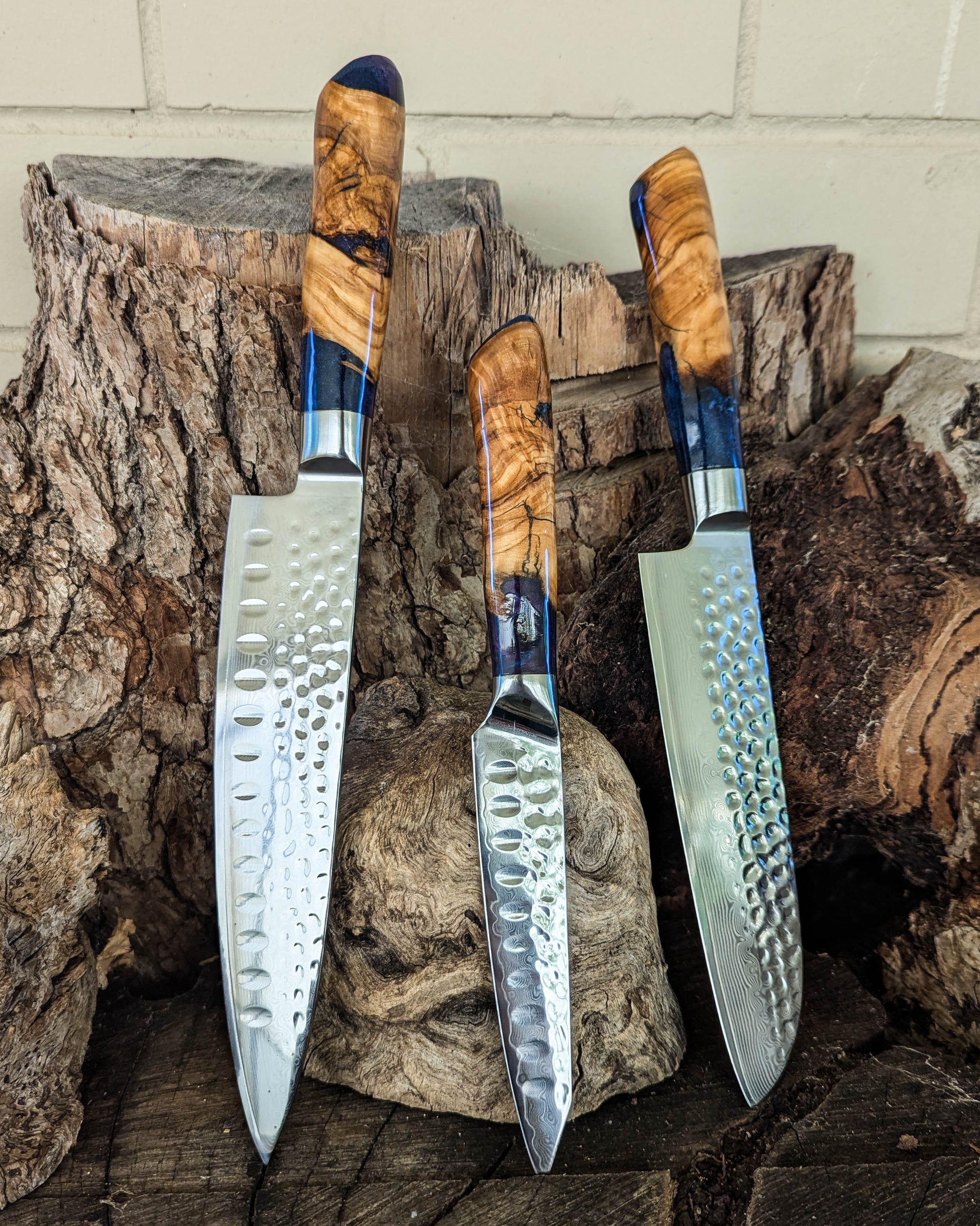 3 Knife Set -Chef. Santoku & Utility - Olive w/ Blue & Purple Epoxy